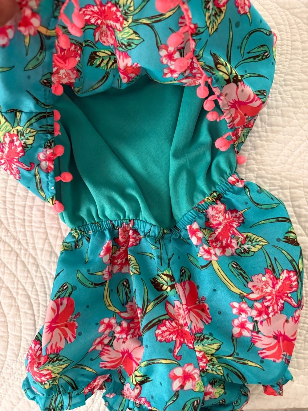 Little Lass Turquoise Floral Pom Pom Romper Sz 24M